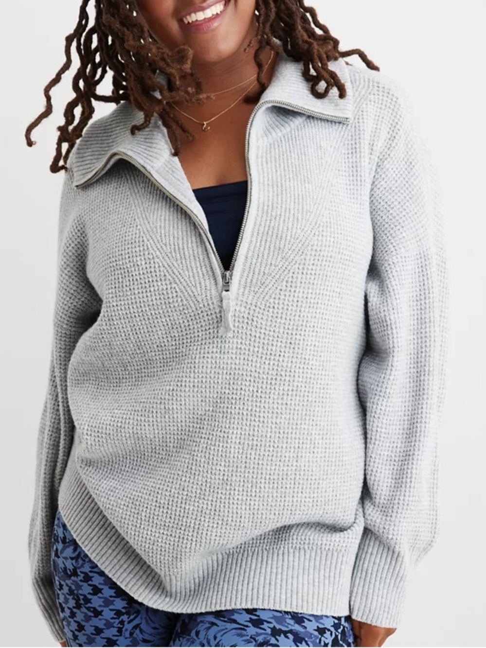 Aerie Cozy Up Waffle Quarter Zip Knit Sweater Oversized Medium Heather Gray M